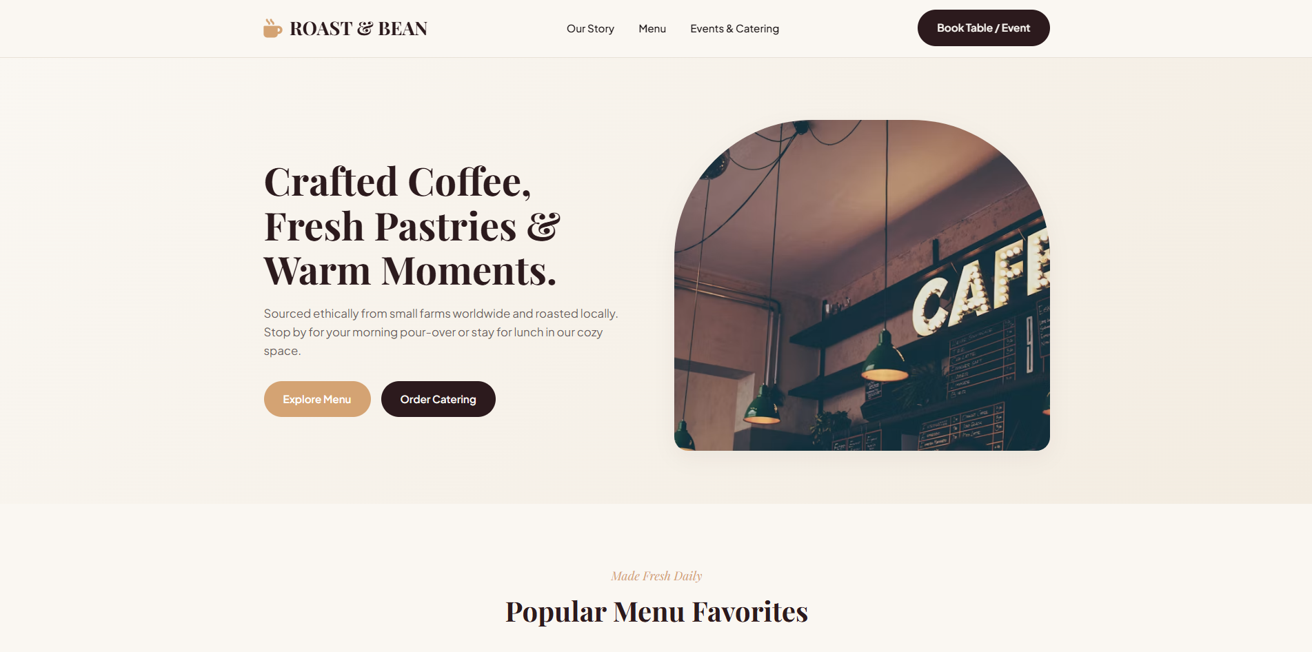 Roast & Bean coffee shop website design by Moexivo