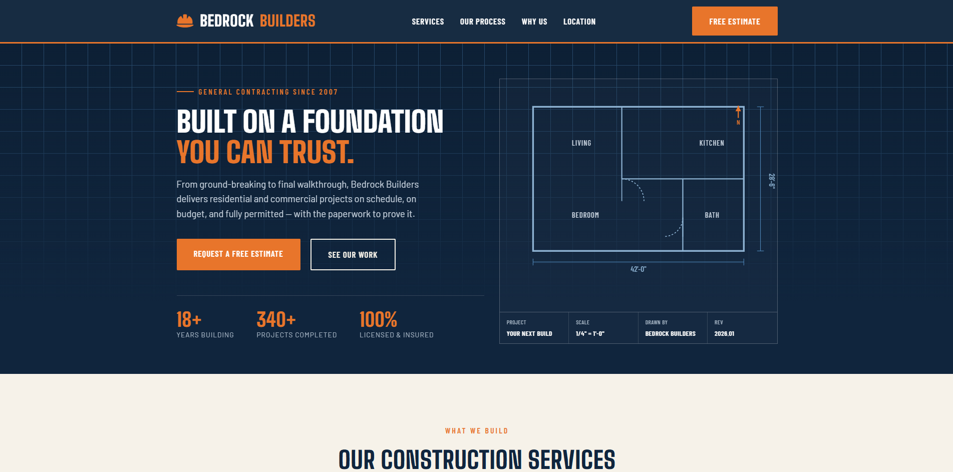 Bedrock Builders construction company website design by Moexivo